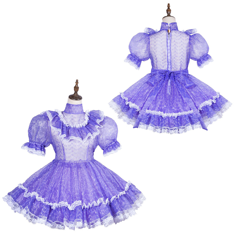 Purple sissy maid dress with lace trim, puffed sleeves, and ruffled skirt on mannequin