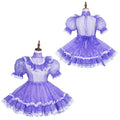 Purple sissy maid dress with lace trim, puffed sleeves, and ruffled skirt on mannequin