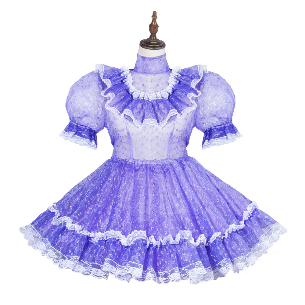 Purple sissy maid dress with lace trim and puffed sleeves on mannequin