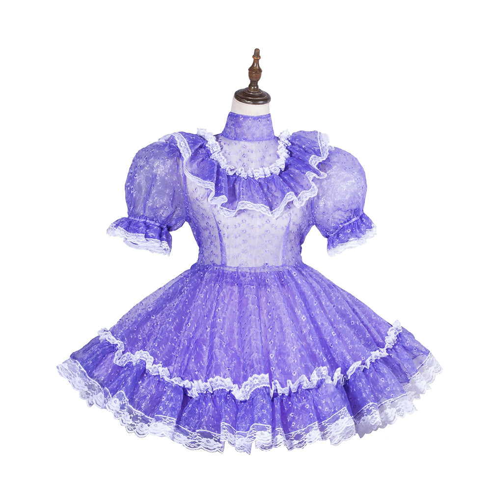 Purple sissy maid dress with lace trim and puffed sleeves on mannequin