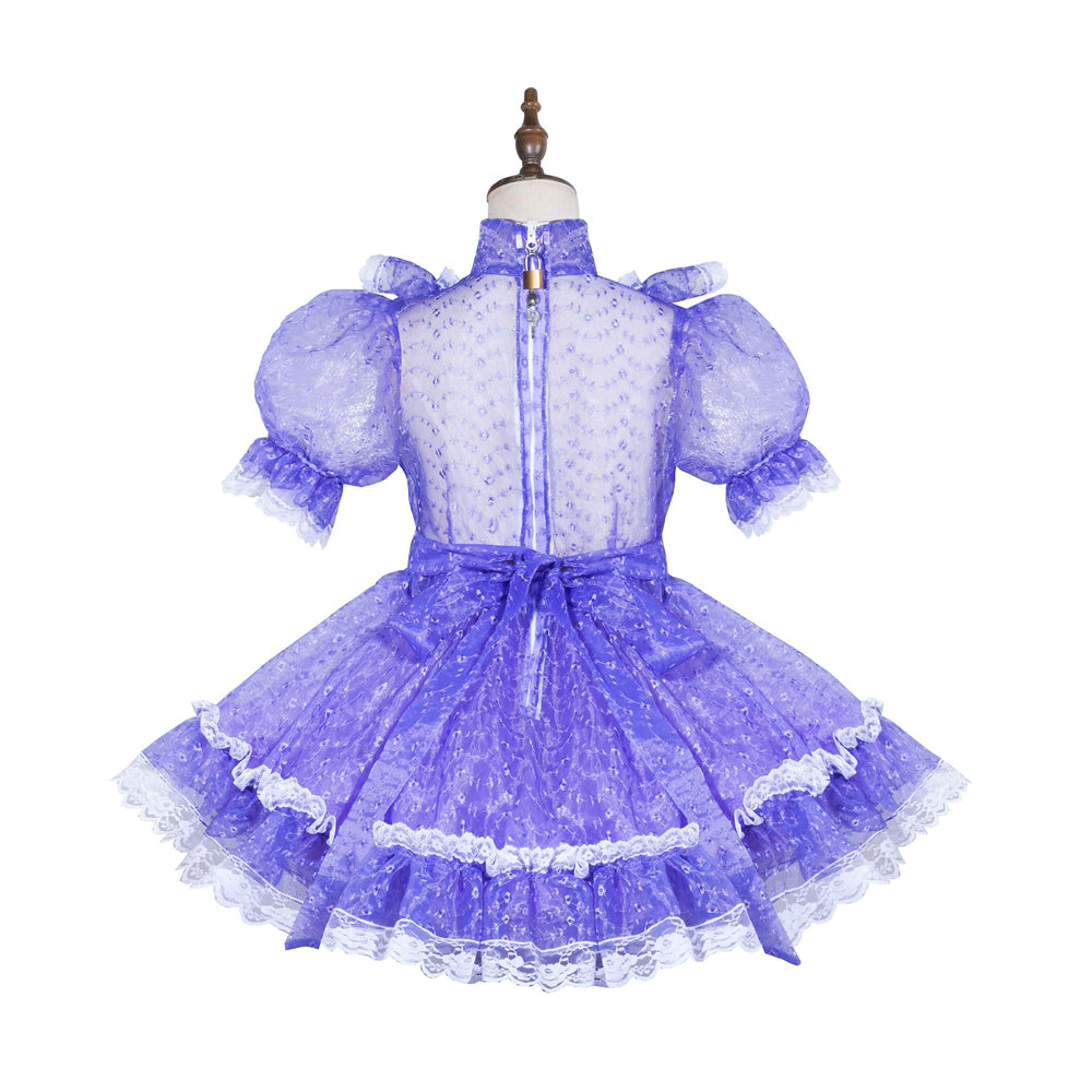 Purple sissy maid dress with lace trim, puffed sleeves, and back zipper on mannequin