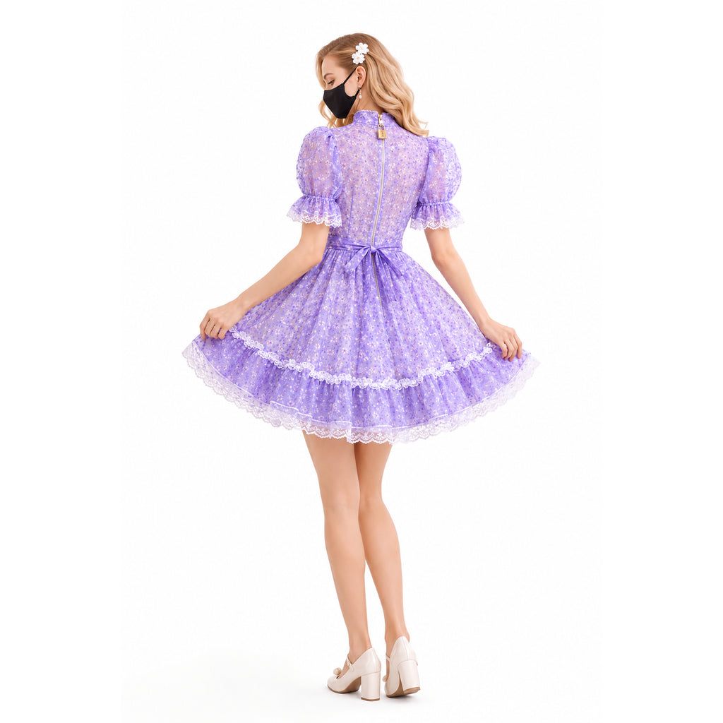 Purple floral sissy maid dress with lace trim, puff sleeves, and back zipper, shown from behind.