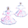 White sissy maid dress with pink bows, heart detail, and lace trim on mannequin