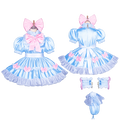 Blue sissy maid dress set with pink bows, lace trim, and matching accessories for elegant costume fashion
