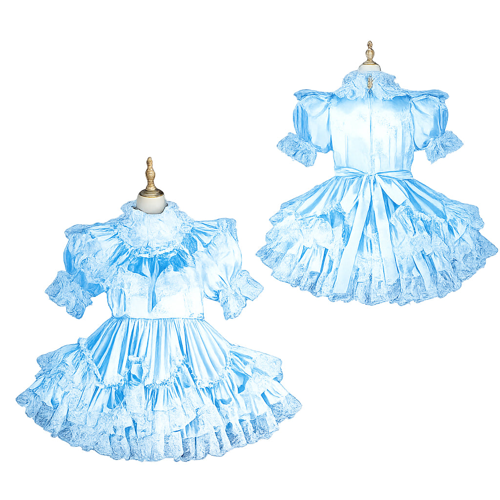 Light blue sissy maid dress with ruffles, lace, and bow, displayed front and back on mannequins