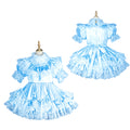 Light blue sissy maid dress with ruffles, lace, and bow, displayed front and back on mannequins