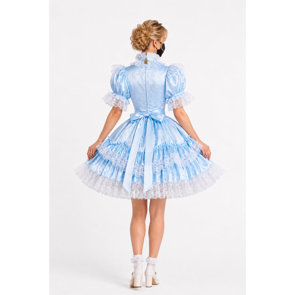 Light blue sissy maid dress with lace trim, puff sleeves, and back bow, shown from behind