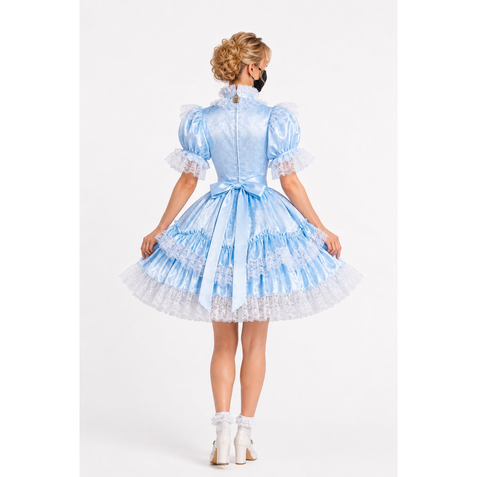 Light blue sissy maid dress with lace trim, puff sleeves, and back bow, shown from behind