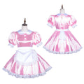 Pink sissy maid dress with white apron, lace trim, and puffed sleeves on mannequin