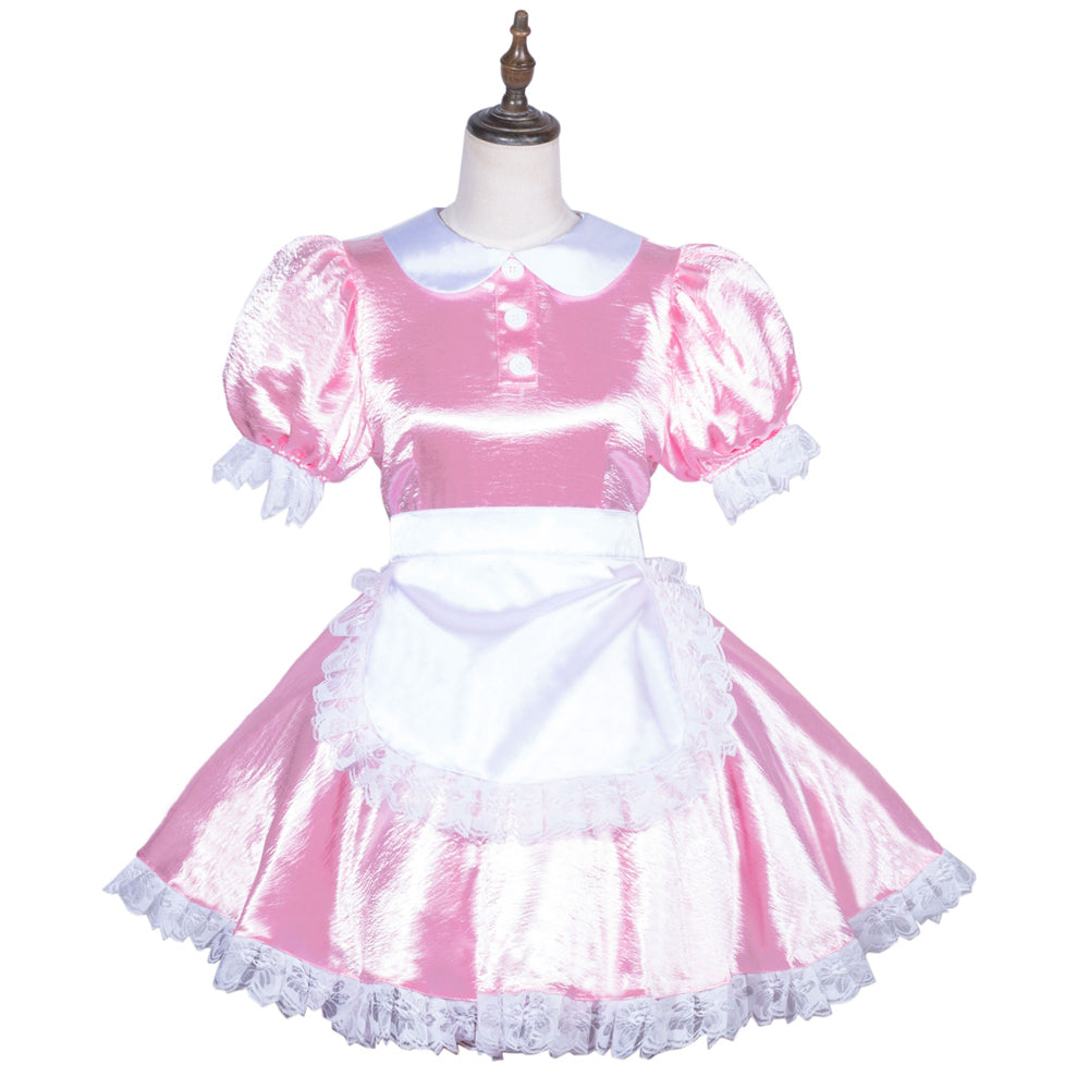 Pink sissy maid dress with white lace trim and apron, featuring puffed sleeves and button front
