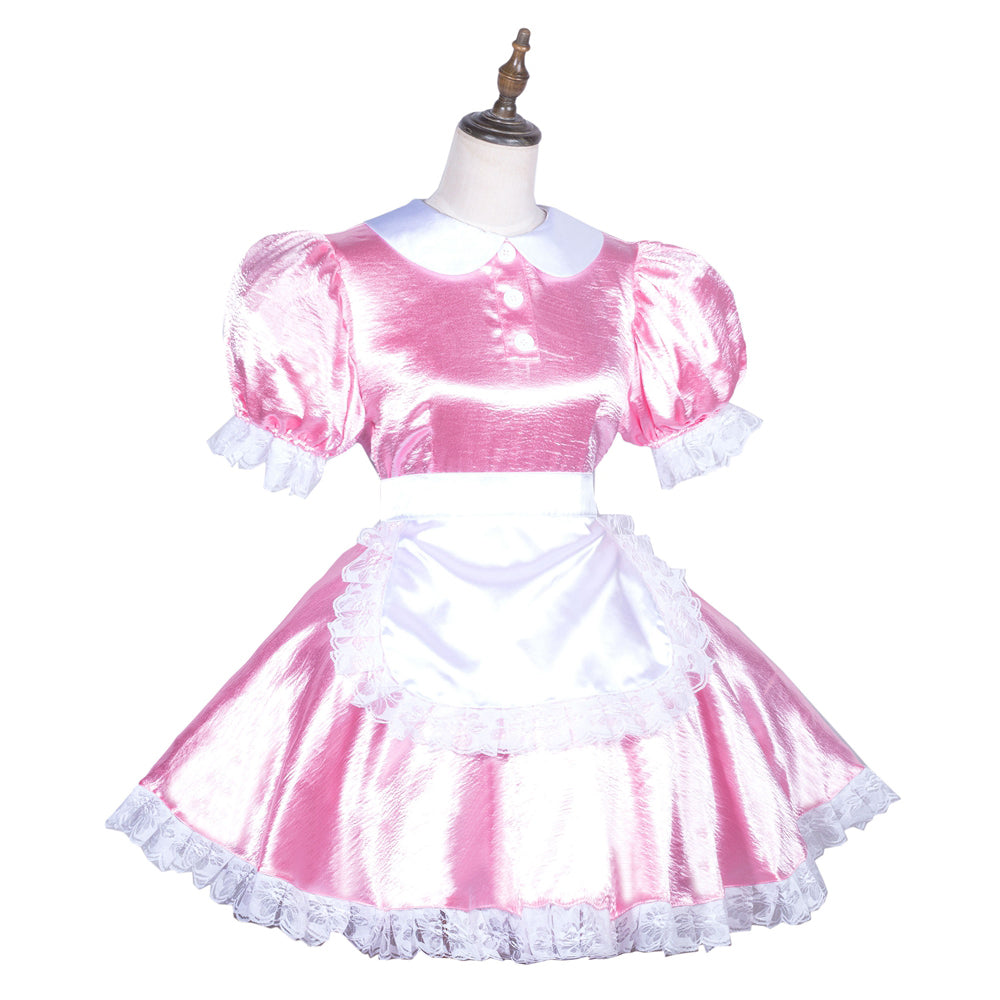 Pink sissy maid dress with white lace trim and apron, displayed on mannequin