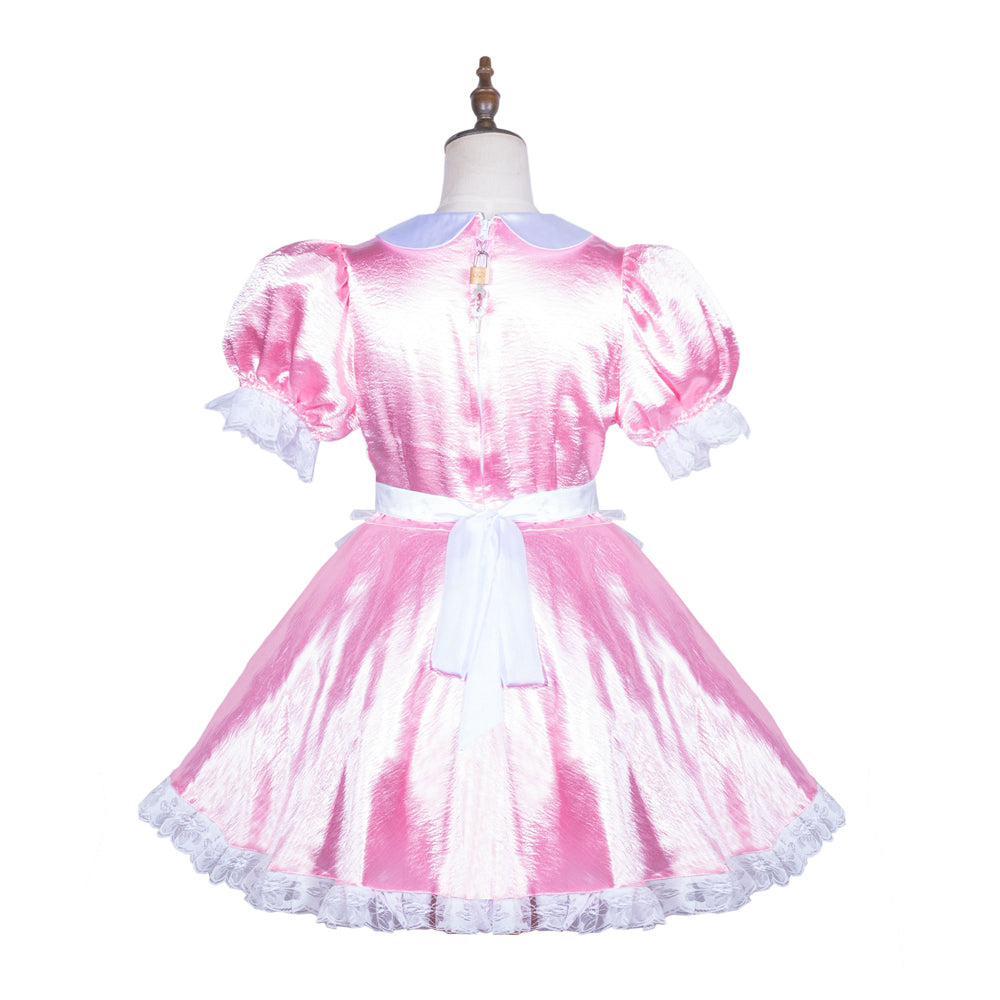Pink sissy maid dress with white lace trim and bow, featuring puff sleeves and a lockable back design.
