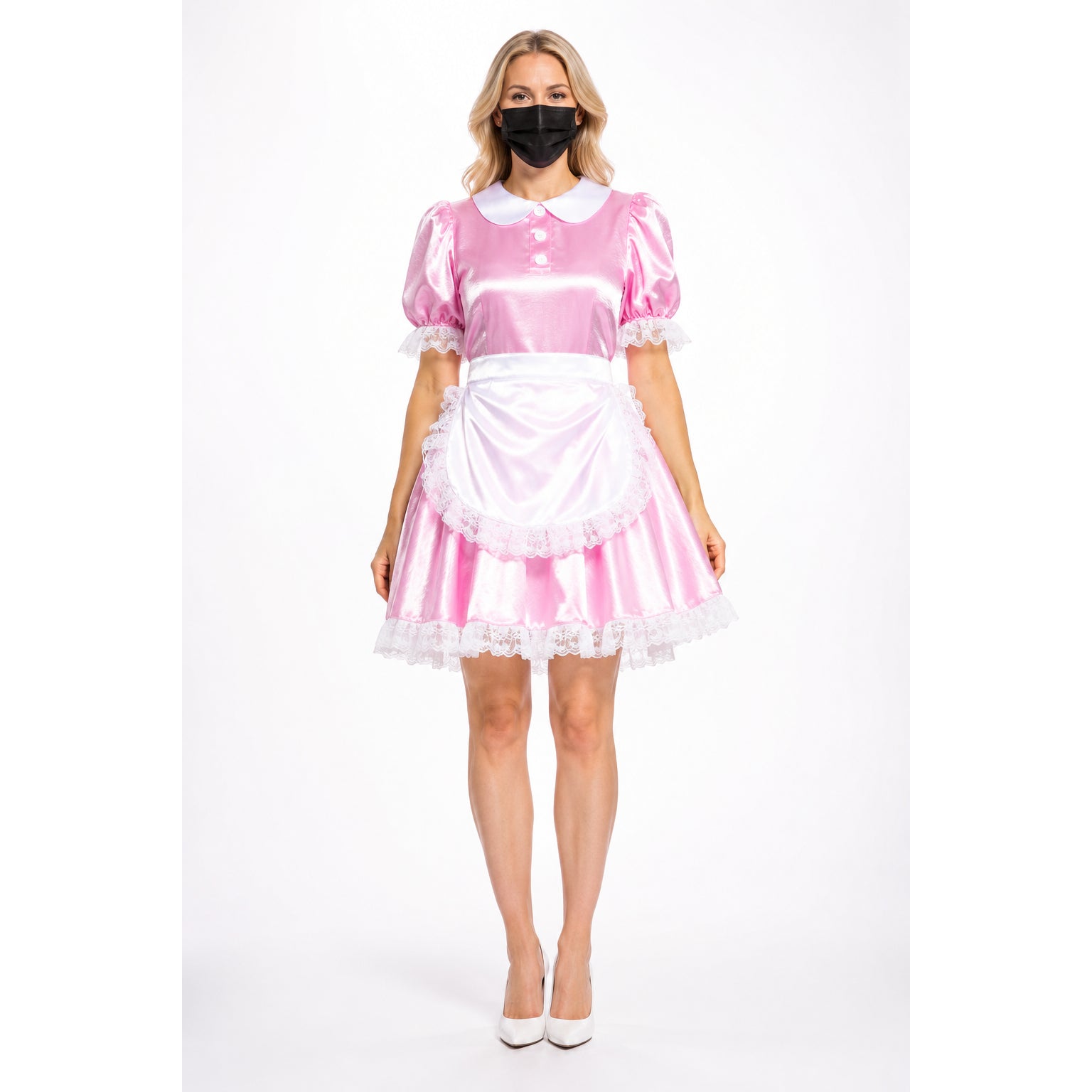 Pink sissy maid dress with white lace trim and apron, satin finish, full-length view