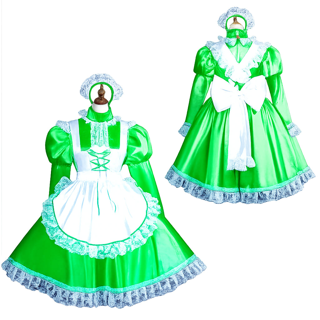 Green sissy maid dress with white apron, lace trim, and matching bonnet for costume fashion