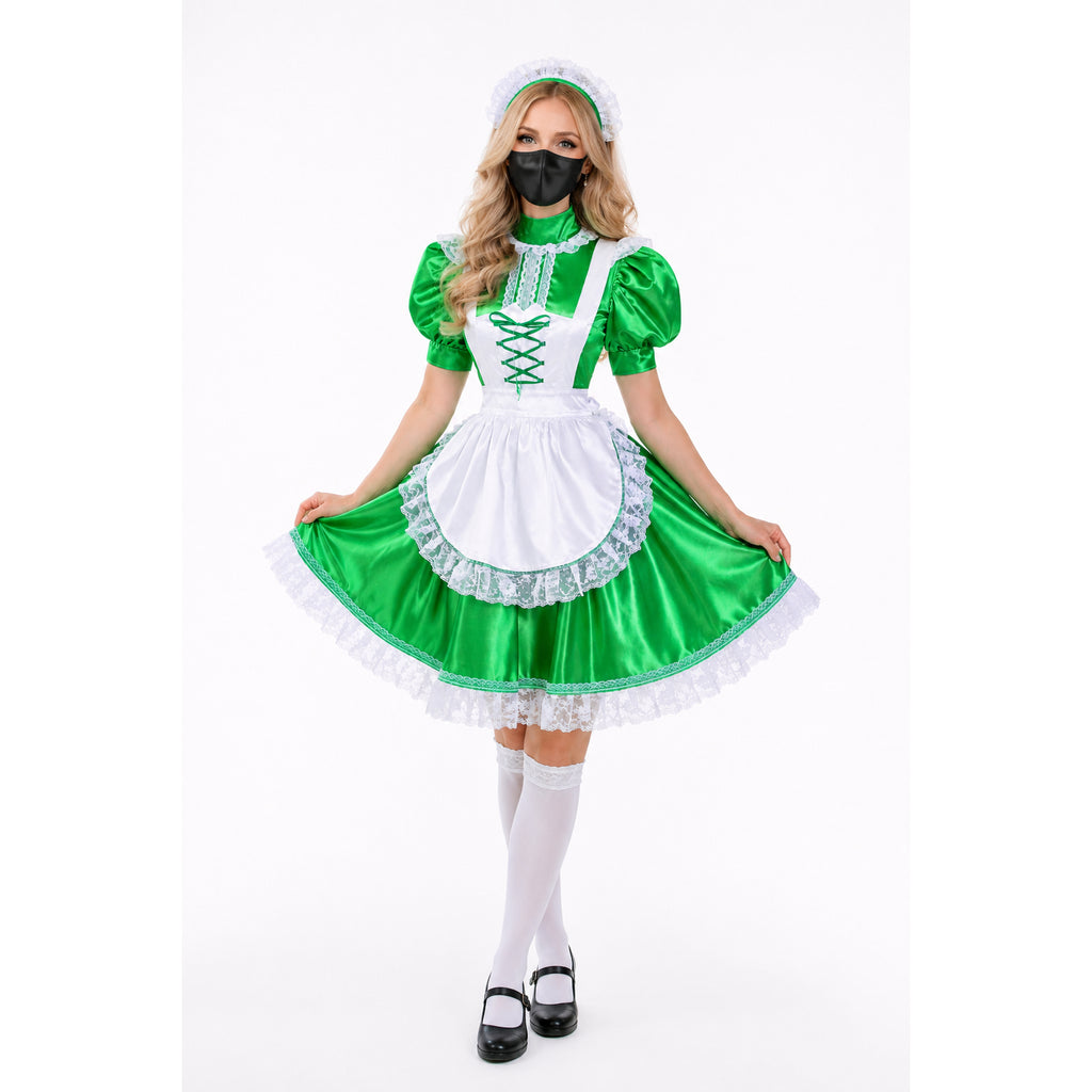 Green sissy maid dress with white lace apron, puff sleeves, and matching bonnet for costume fashion