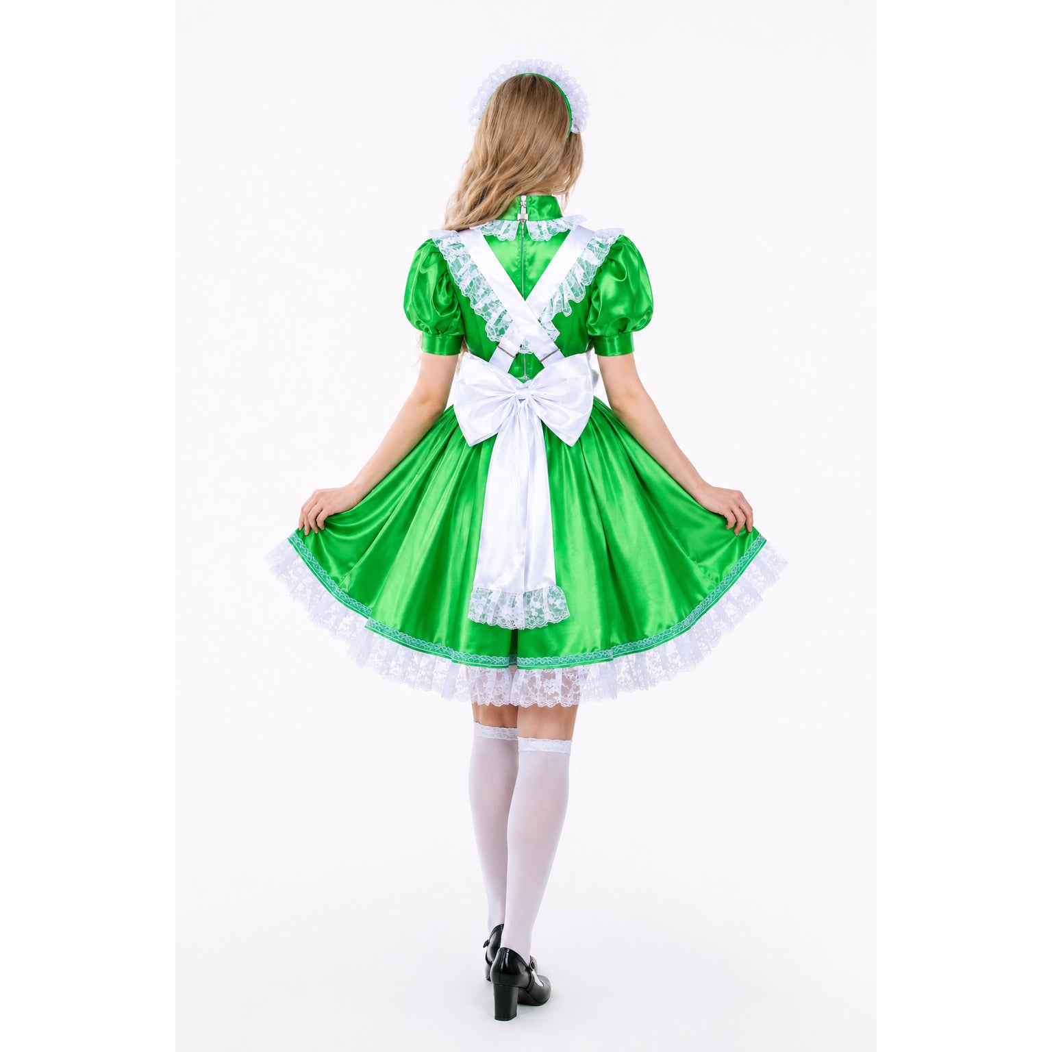 Green sissy maid dress with white lace trim and bow, shown from back with matching headband and stockings