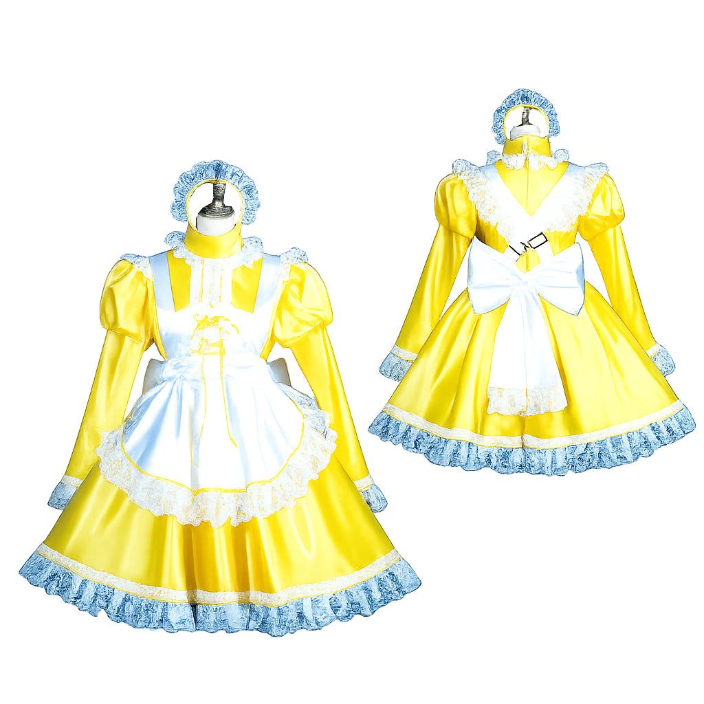 Yellow sissy maid dress with white apron, lace trim, and blue ruffles, shown front and back