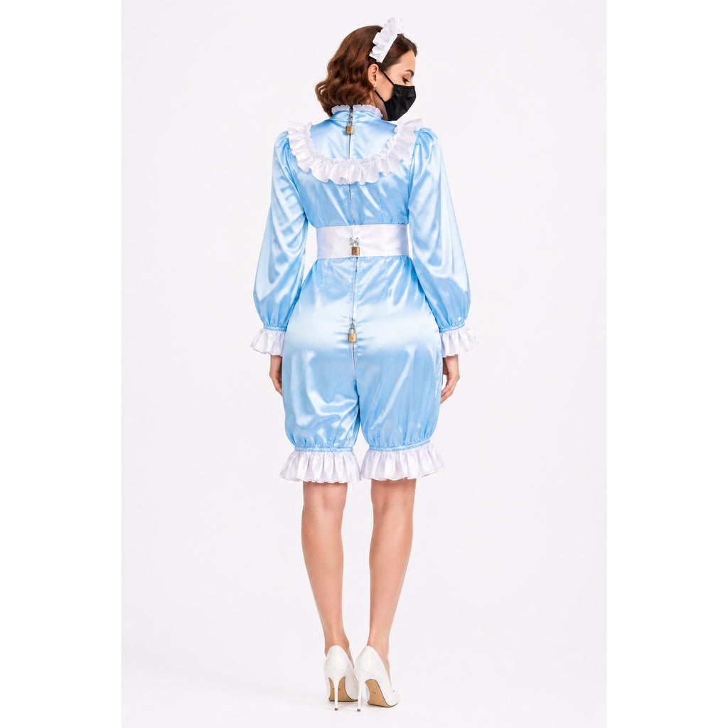 Blue satin sissy maid dress with white ruffles, lockable back, and matching headband