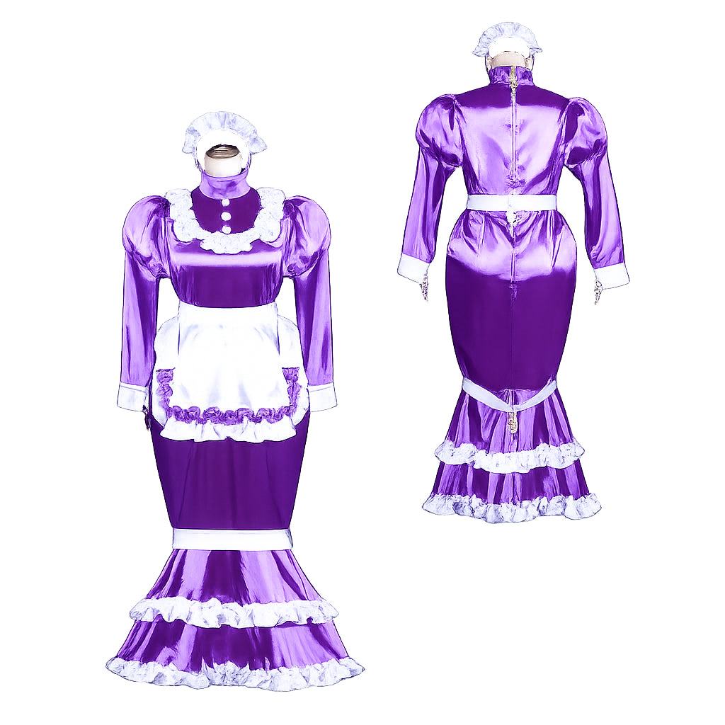 Purple sissy maid dress with white ruffles, apron, and bonnet, shown front and back