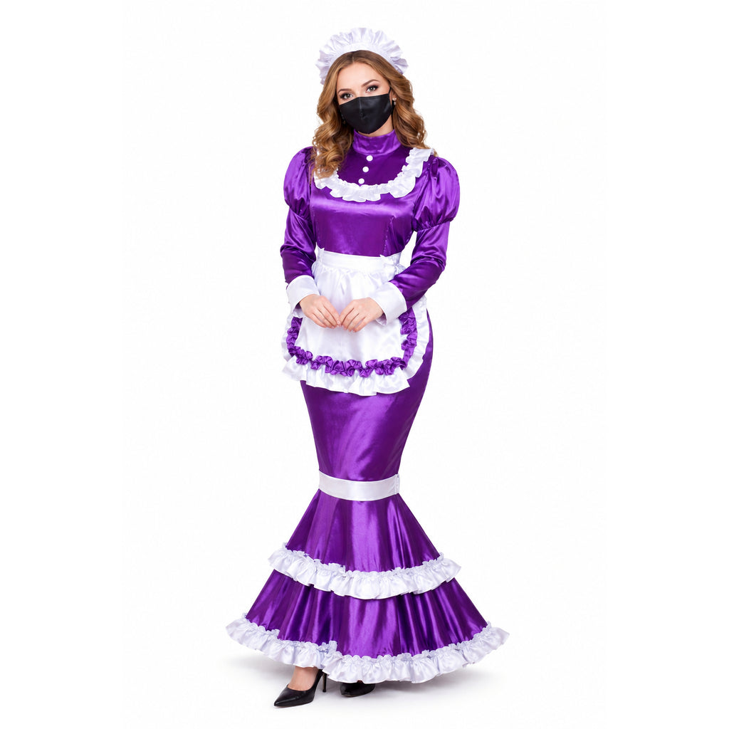 Purple sissy maid dress with white ruffles, apron, and bonnet, featuring satin finish and elegant silhouette