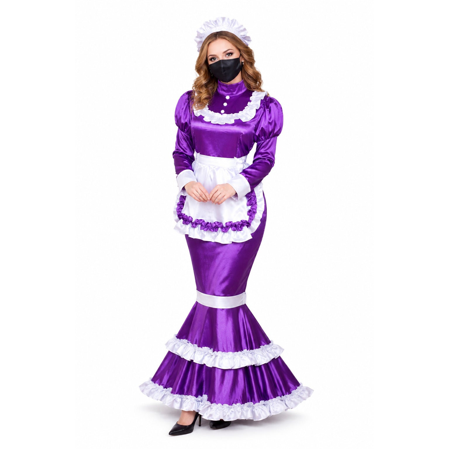 Purple sissy maid dress with white ruffles, apron, and bonnet, featuring satin finish and elegant silhouette