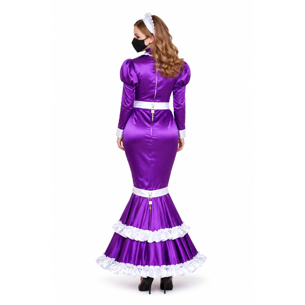 Purple sissy maid dress with white ruffles, lockable back, and satin finish
