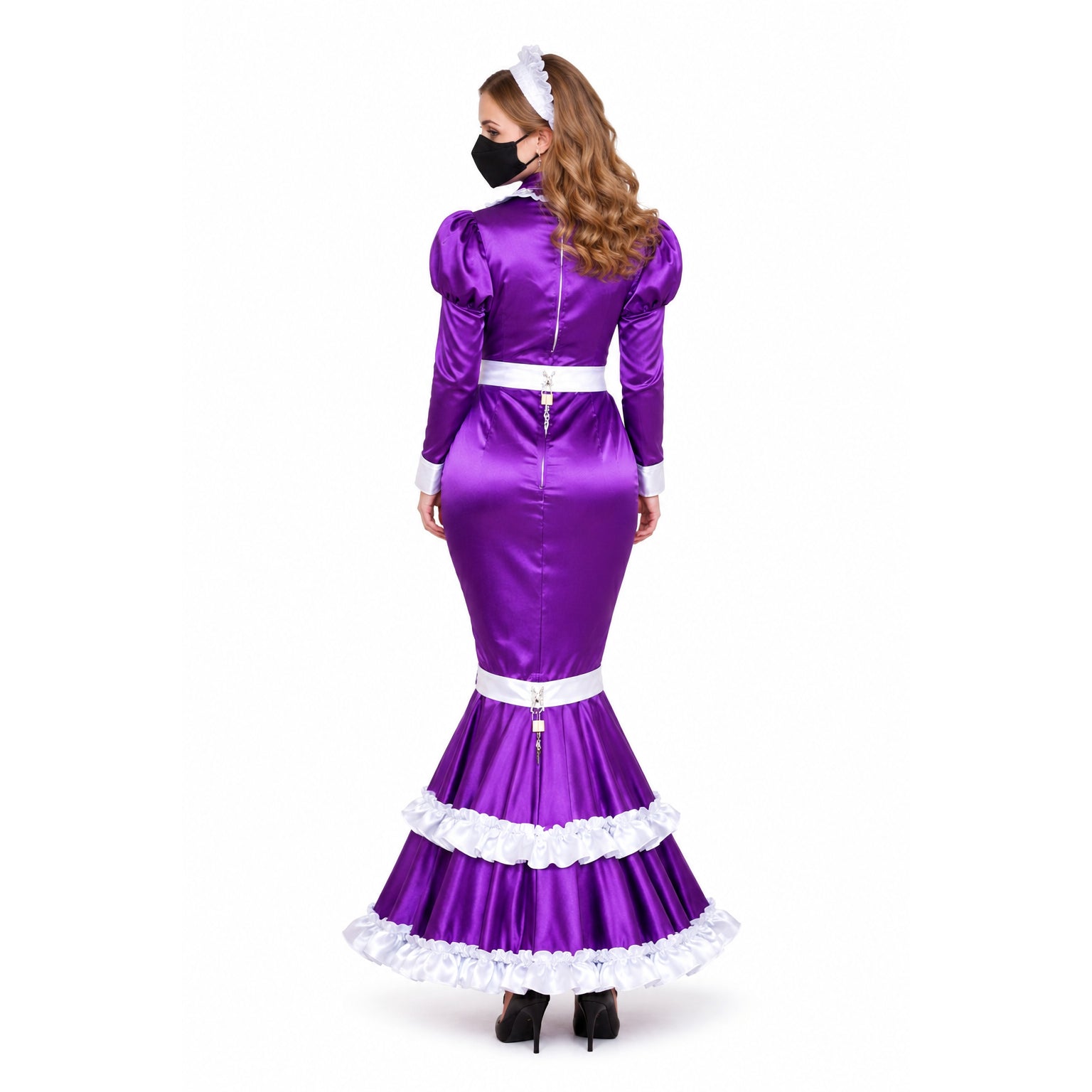 Purple sissy maid dress with white ruffles, lockable back, and satin finish