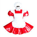 Red and white sissy maid dress with PVC apron, puffed sleeves, and matching hat on mannequin