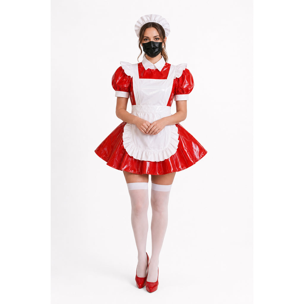 Red and white sissy maid dress with PVC apron, puffed sleeves, and matching hat