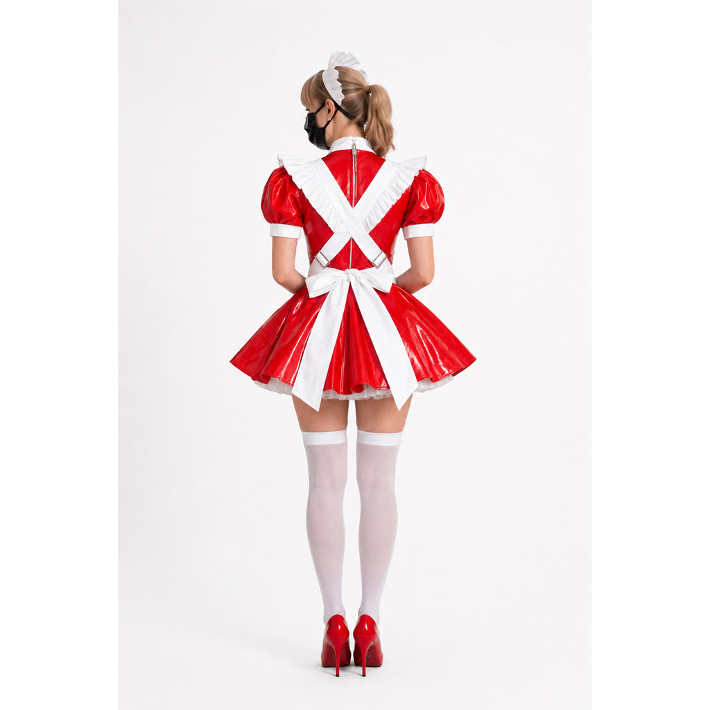 Red PVC sissy maid dress with white apron, bow, and ruffles, paired with white stockings and red heels