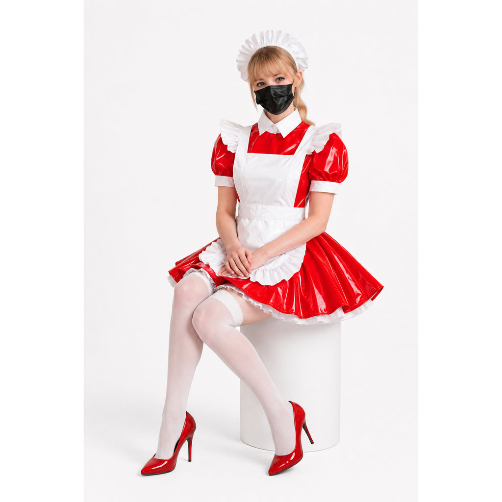 Red and white PVC sissy maid dress with apron, hat, and heels