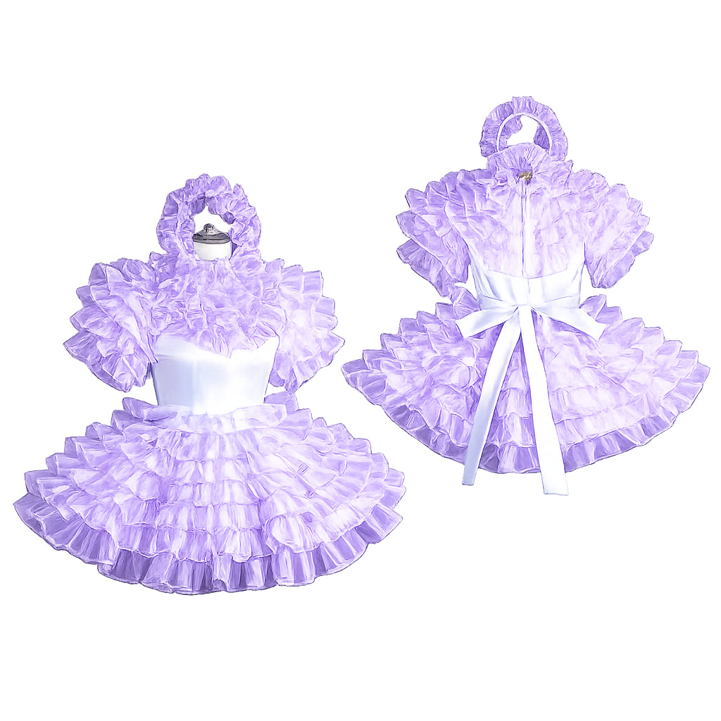 Lavender ruffled sissy maid dress set with white satin bow, featuring layered tulle skirt and blouse