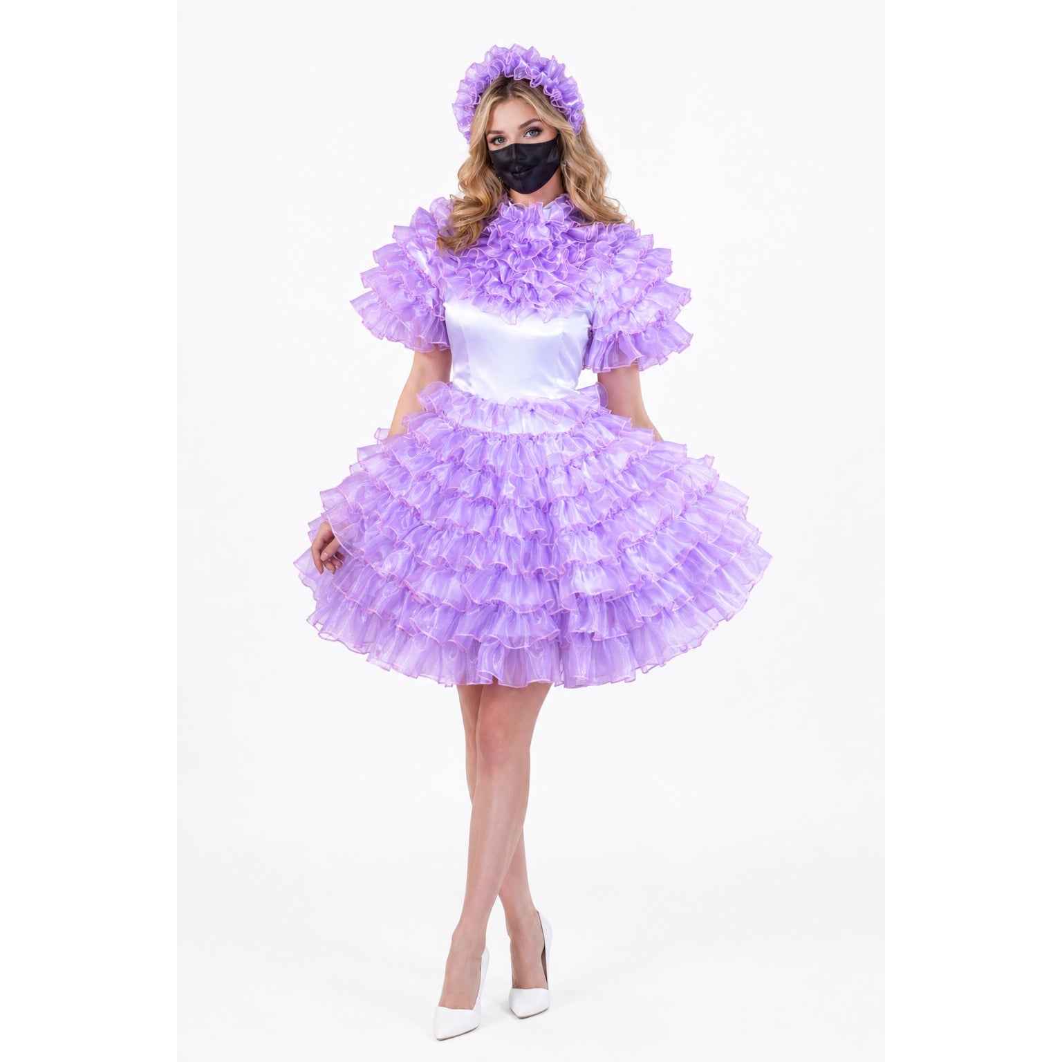 Purple ruffled sissy maid dress with matching bonnet and white heels