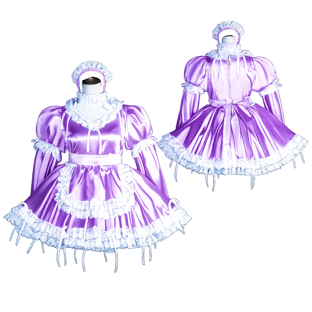 Purple sissy maid dress with white lace trim, puffed sleeves, and matching bonnet, shown front and back