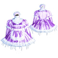 Purple sissy maid dress with white lace trim, puffed sleeves, and matching bonnet, shown front and back