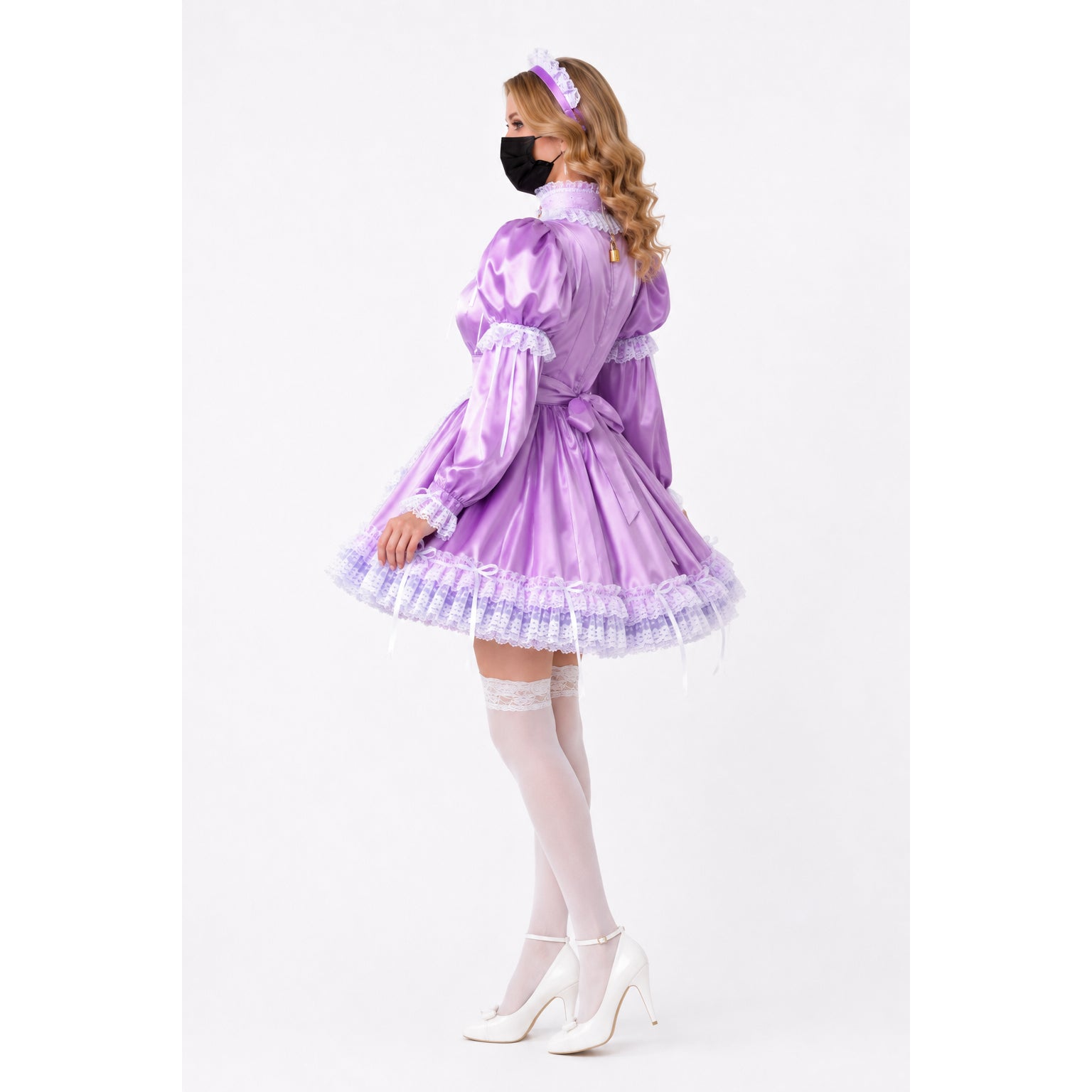 Purple sissy maid dress with lace trim, white stockings, and heels