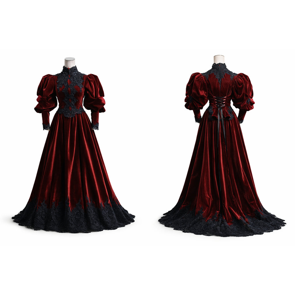 Luxury sissy maid dress in burgundy velvet with black lace trim, front and back views