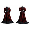 Luxury sissy maid dress in burgundy velvet with black lace trim, front and back views