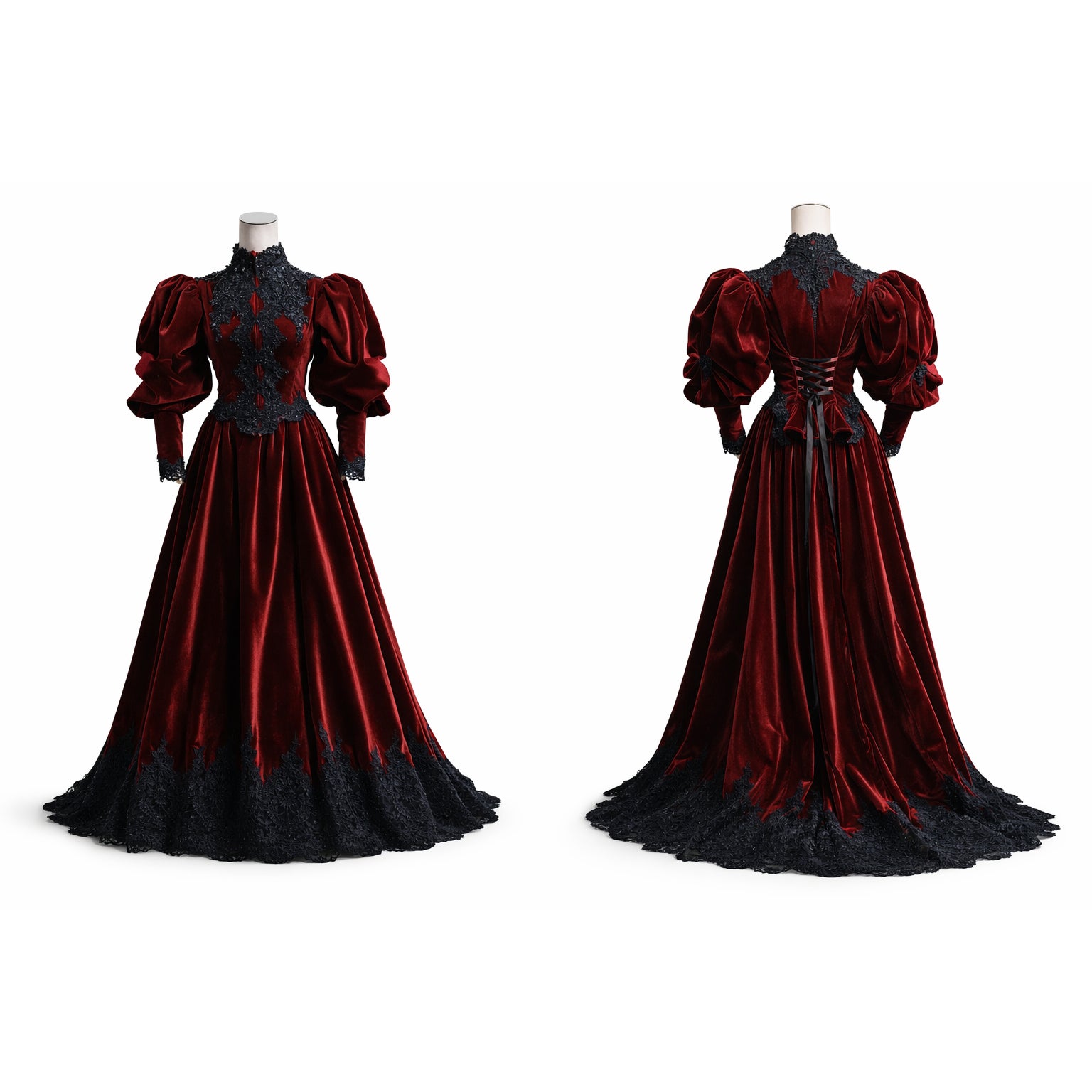 Luxury sissy maid dress in burgundy velvet with black lace trim, front and back views