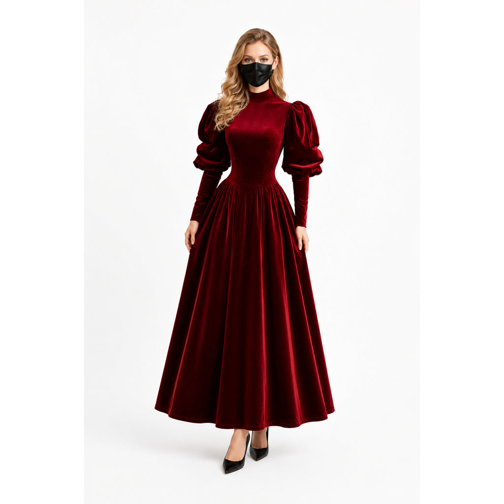 Elegant burgundy velvet sissy maid dress with puff sleeves and full skirt, styled with black heels.