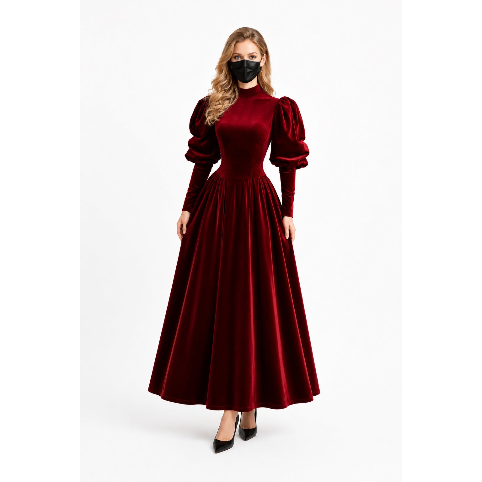Elegant burgundy velvet sissy maid dress with puff sleeves and full skirt, styled with black heels.