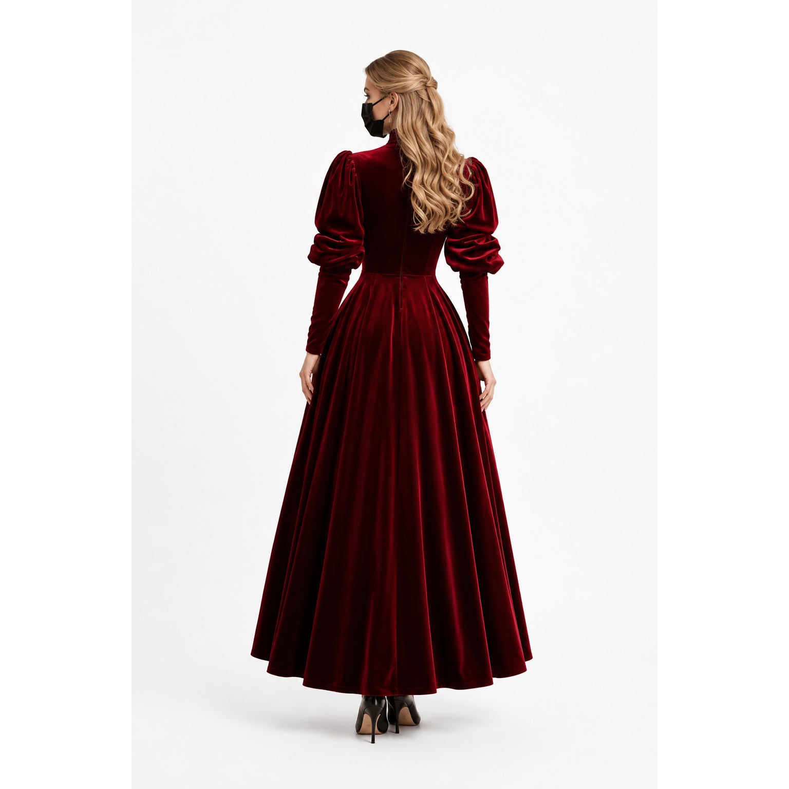 Back view of woman in elegant burgundy velvet sissy maid dress with puffed sleeves and full skirt