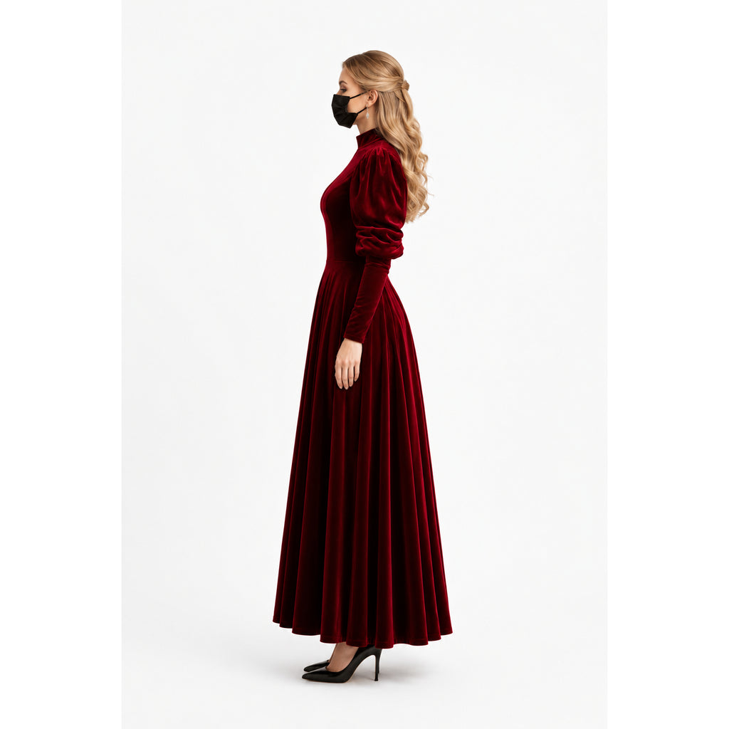 Elegant burgundy velvet sissy maid dress with long sleeves and flared skirt, paired with black heels.