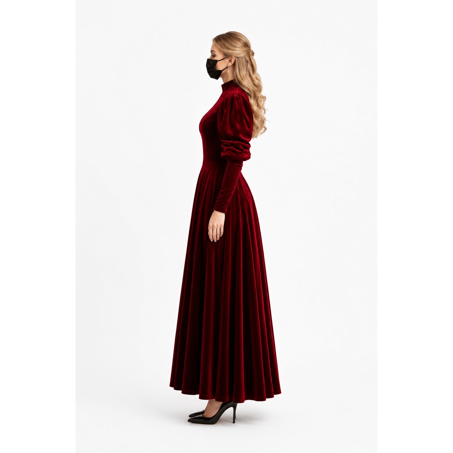 Elegant burgundy velvet sissy maid dress with long sleeves and flared skirt, paired with black heels.