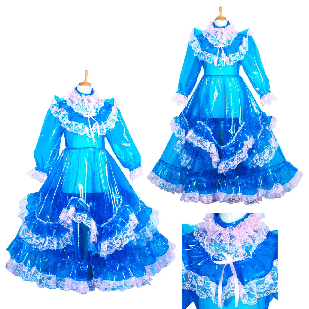 Blue sissy maid dress with lace ruffles and PVC material, featuring elegant layered skirt and frilly collar