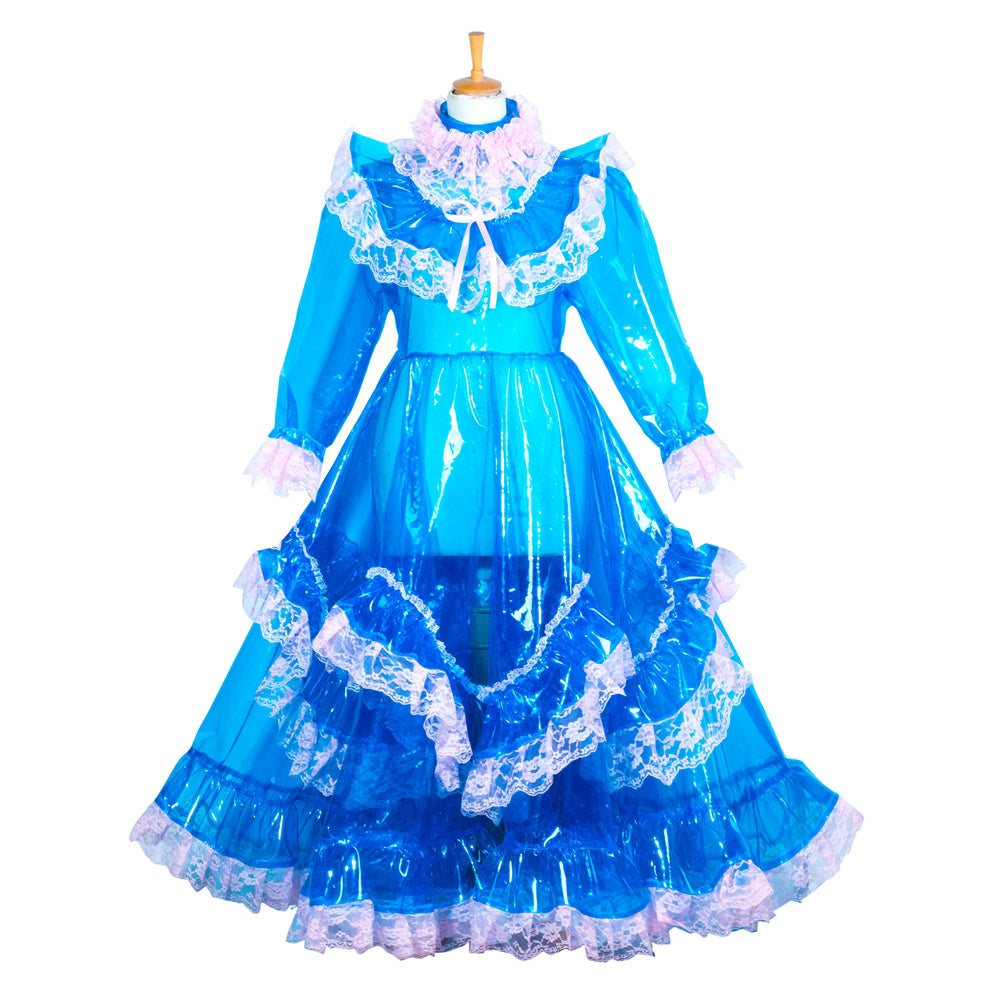 Blue sissy maid dress with lace trim and ruffles, PVC material, French-style costume
