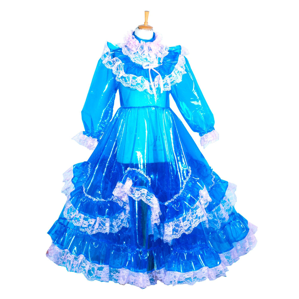 Blue sissy maid dress with lace trim and ruffled layers, featuring a glossy PVC finish and elegant silhouette.