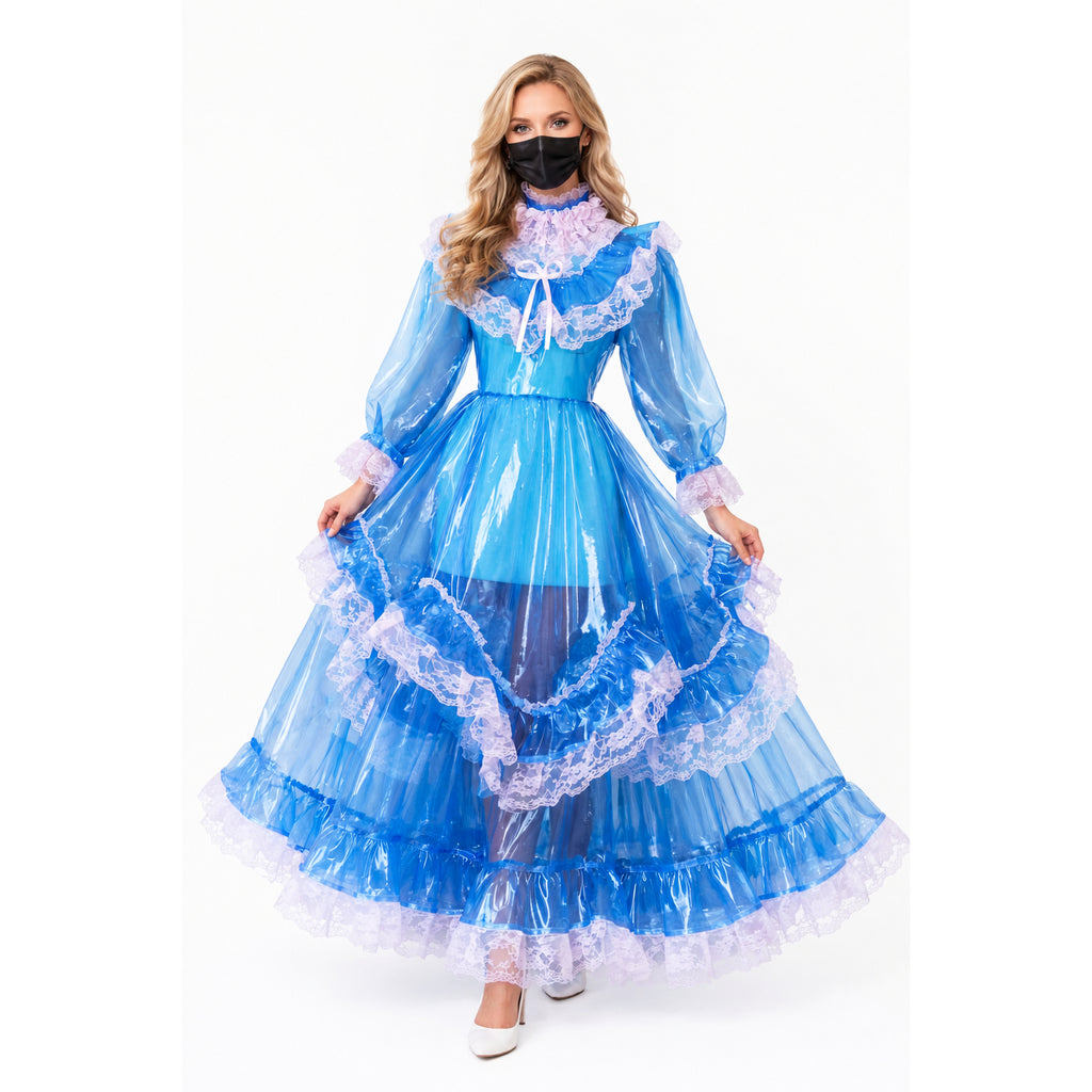 Blue sissy maid dress with lace trim and ruffled layers, featuring sheer sleeves and elegant silhouette