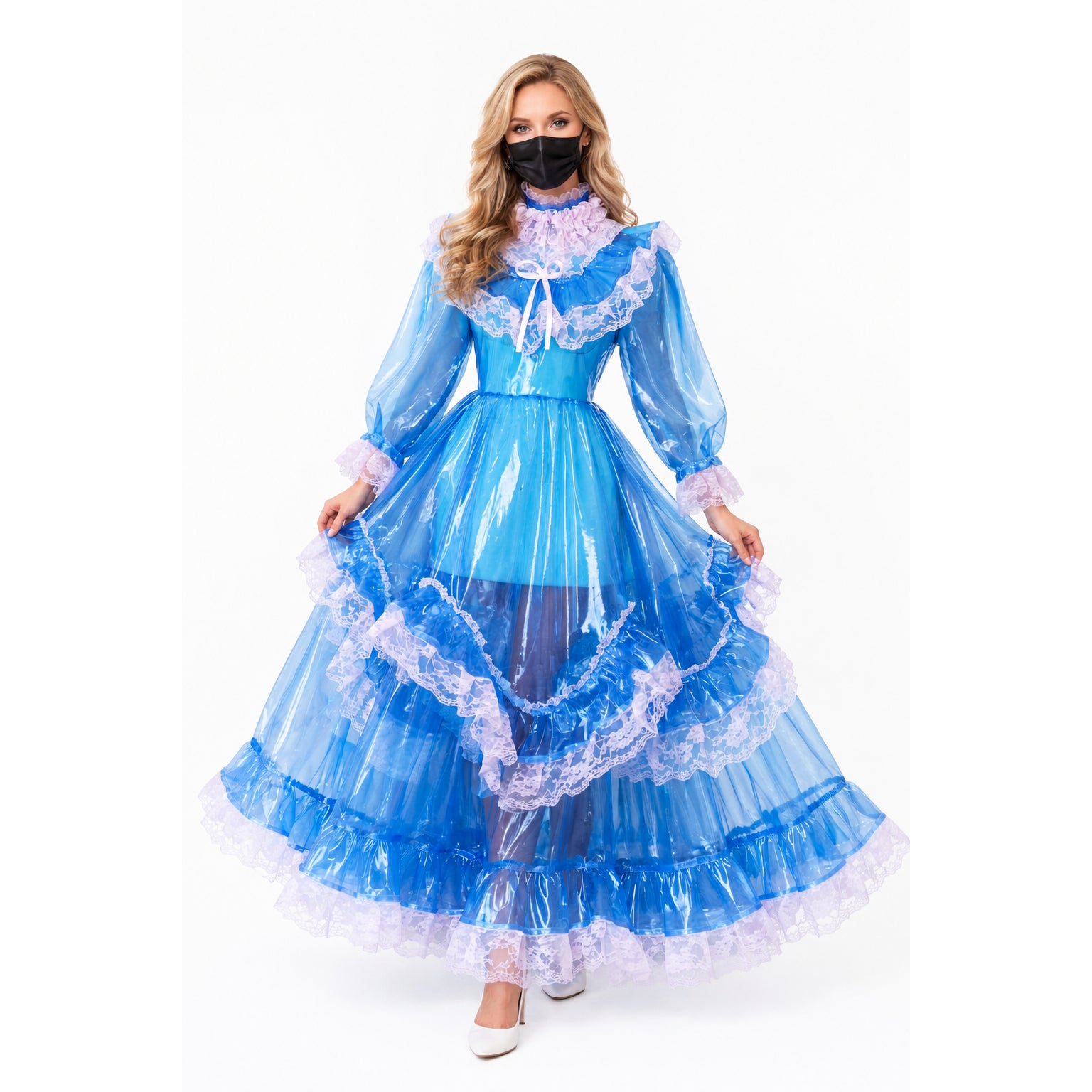 Blue sissy maid dress with lace trim and ruffled layers, featuring sheer sleeves and elegant silhouette