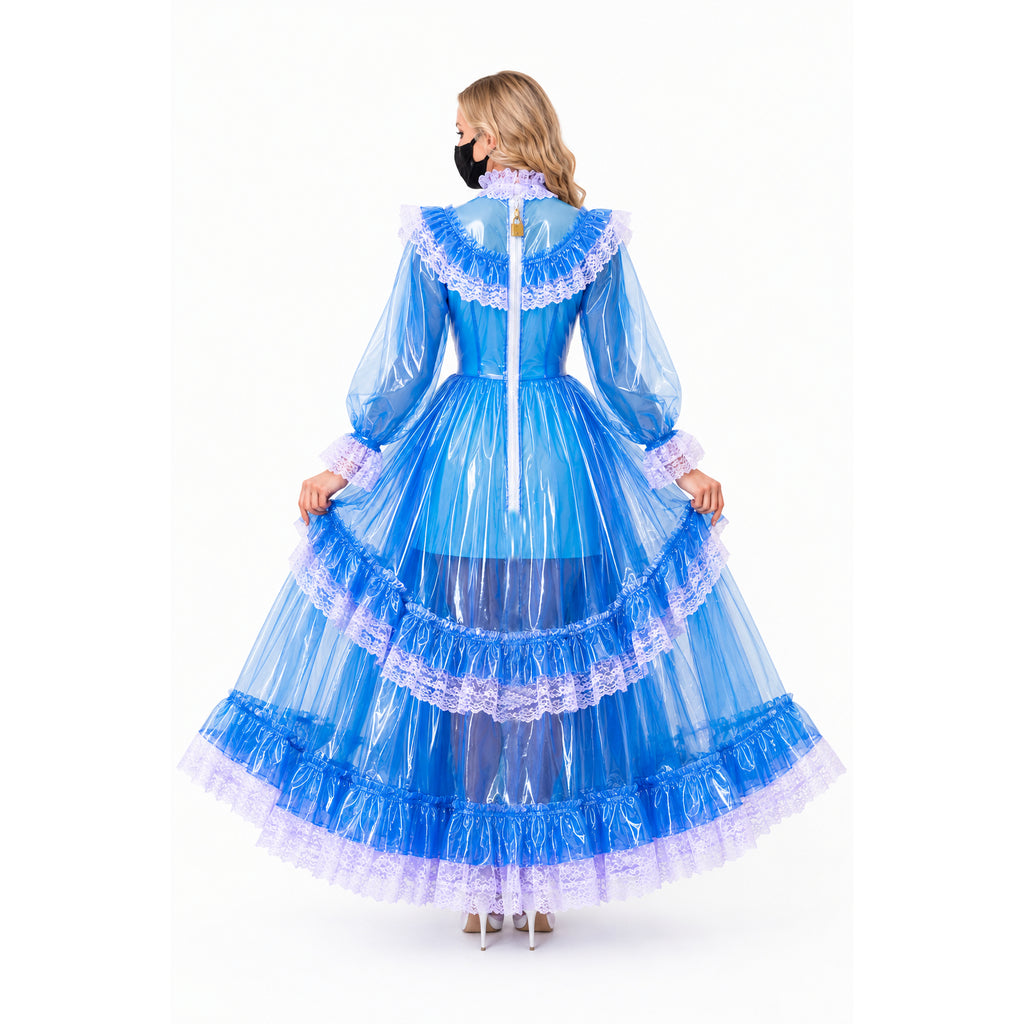 Blue PVC sissy maid dress with lace trim, back view showing zipper and ruffled layers